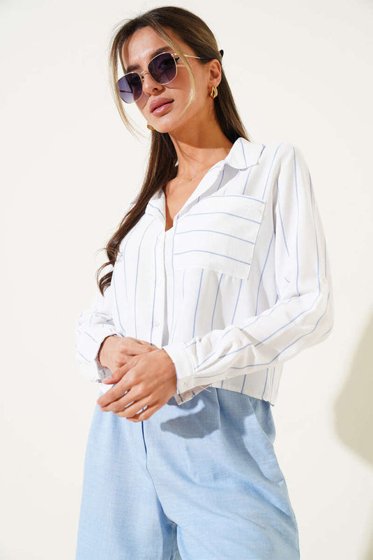 Chemisette plissée rayée blanche et bleue