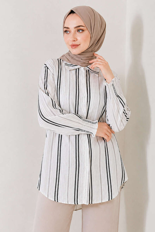 Camisa De Rayas Con Mangas Acanaladas Negra