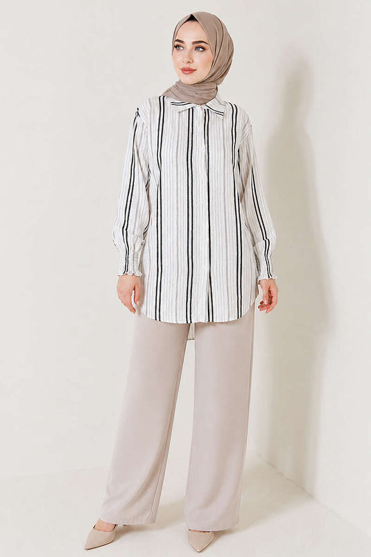 Camisa De Rayas Con Mangas Acanaladas Negra