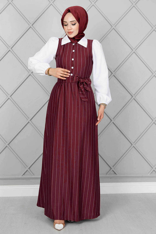 Robe Hijab Élastique À Manches Rayées Rouge Claret