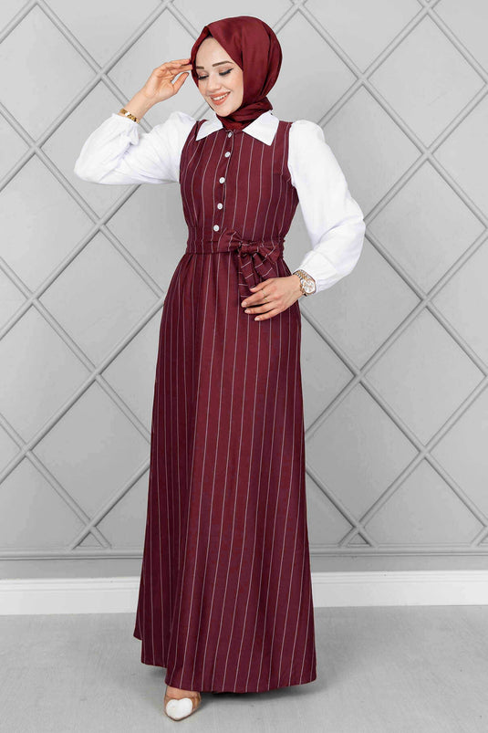 Robe Hijab Élastique À Manches Rayées Rouge Claret