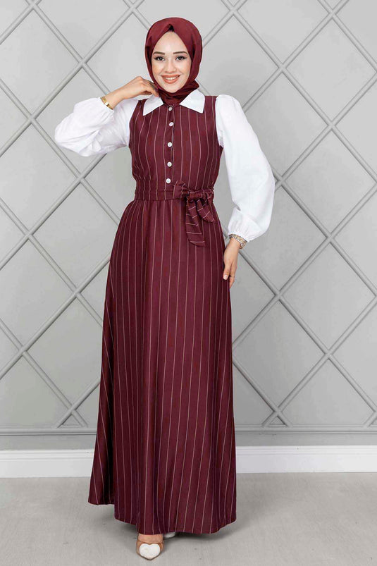 Robe Hijab Élastique À Manches Rayées Rouge Claret