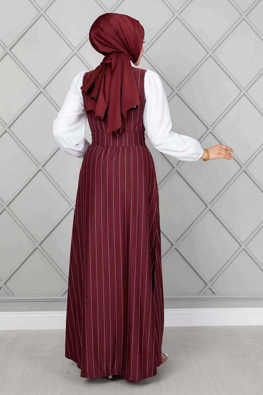 Robe Hijab Élastique À Manches Rayées Rouge Claret