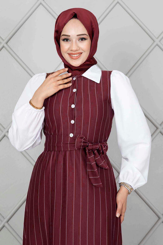 Robe Hijab Élastique À Manches Rayées Rouge Claret