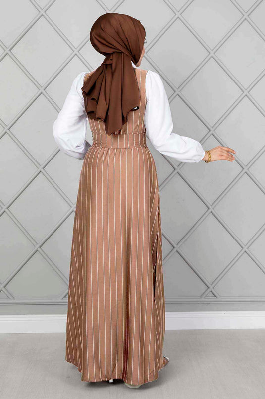 Robe Hijab Élastique Manches Rayées Camel