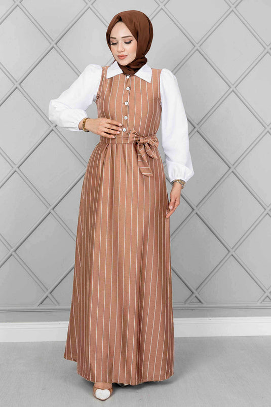 Robe Hijab Élastique Manches Rayées Camel