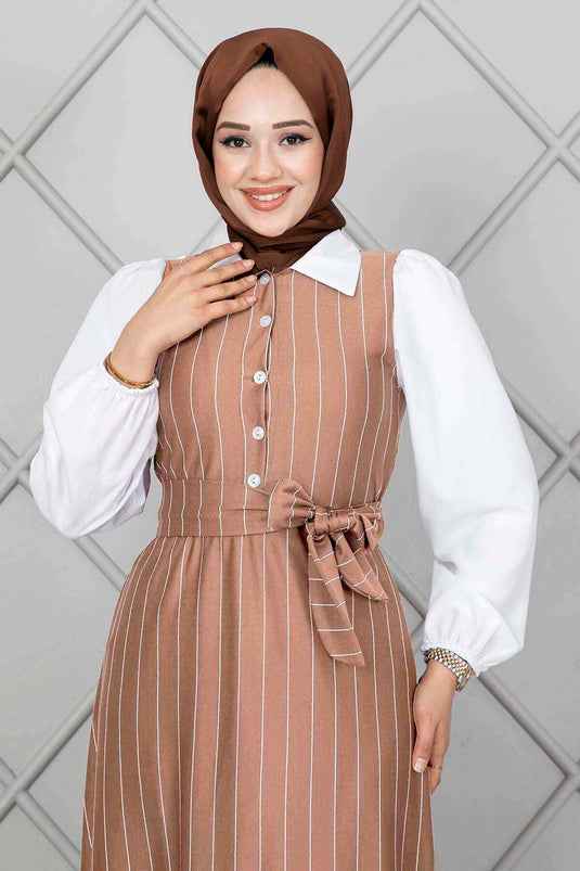 Robe Hijab Élastique Manches Rayées Camel