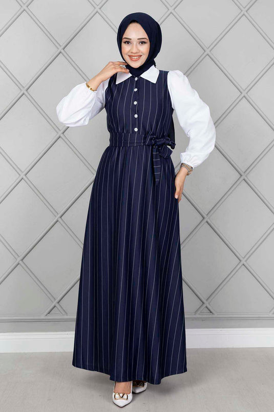 Robe Hijab Élastique À Manches Rayées Bleu Marine