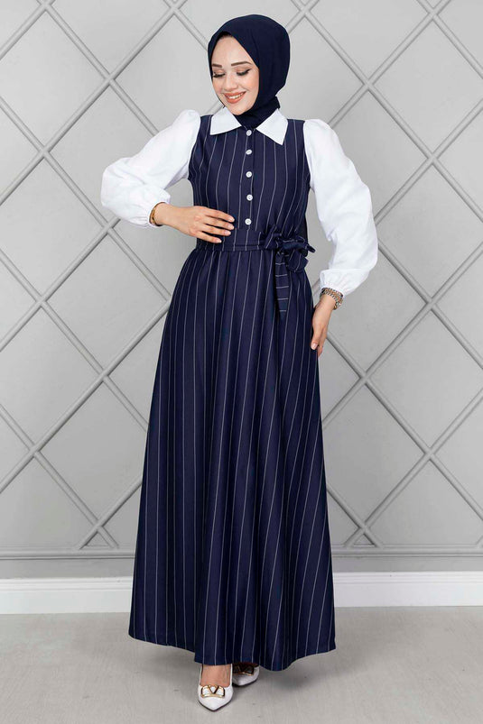 Robe Hijab Élastique À Manches Rayées Bleu Marine