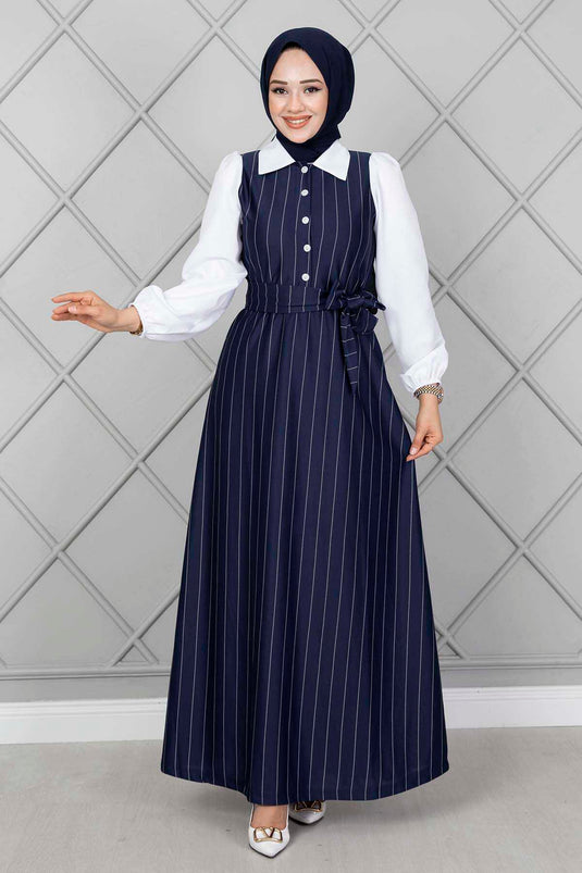 Robe Hijab Élastique À Manches Rayées Bleu Marine