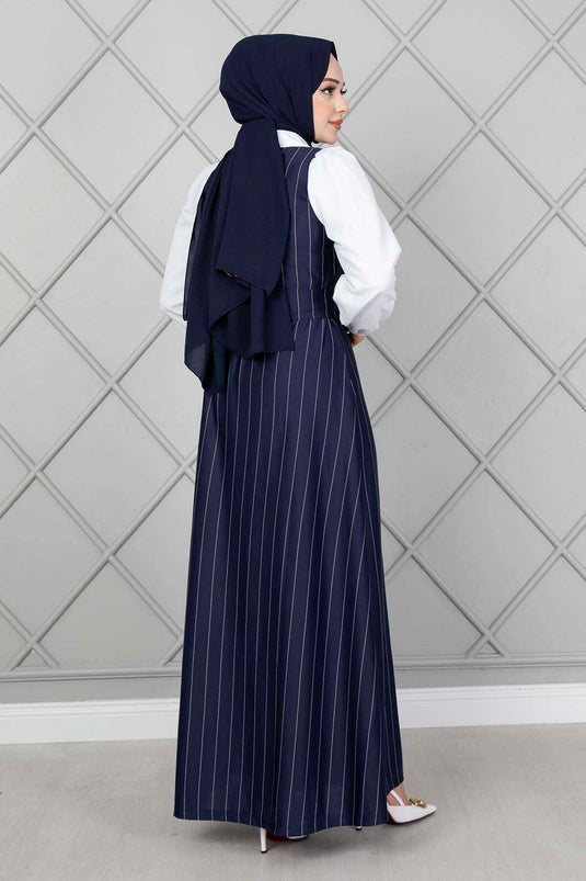 Robe Hijab Élastique À Manches Rayées Bleu Marine