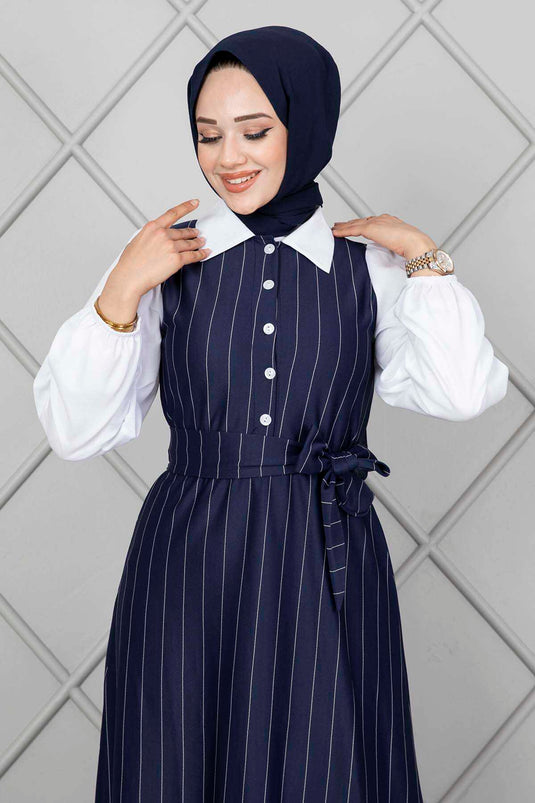 Robe Hijab Élastique À Manches Rayées Bleu Marine