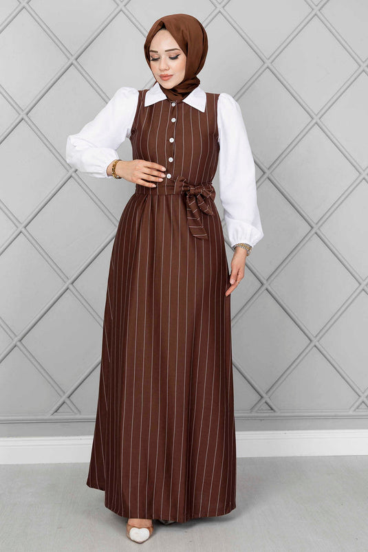 Robe Hijab Élastique À Manches Rayées Marron