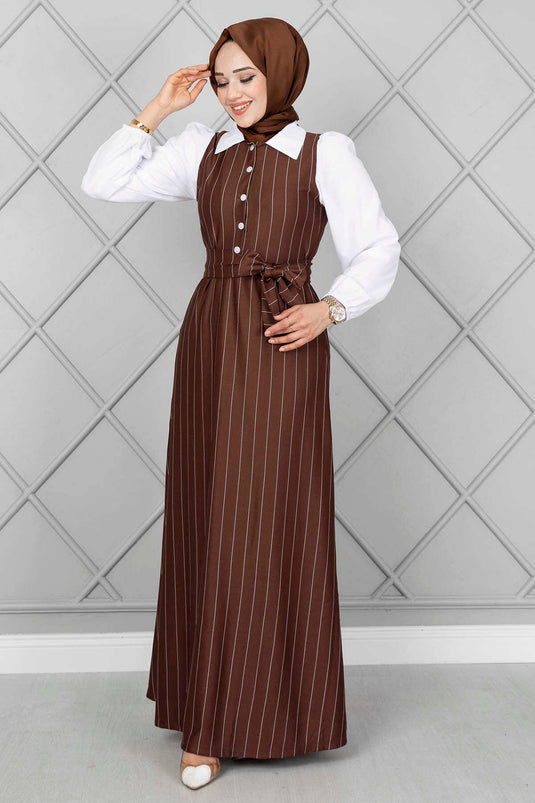 Robe Hijab Élastique À Manches Rayées Marron