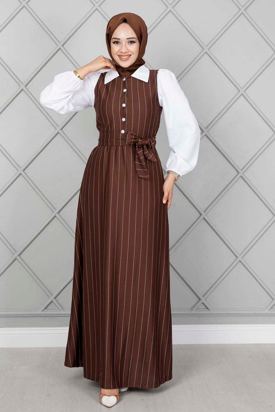 Robe Hijab Élastique À Manches Rayées Marron