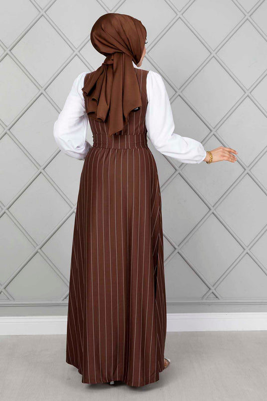 Robe Hijab Élastique À Manches Rayées Marron