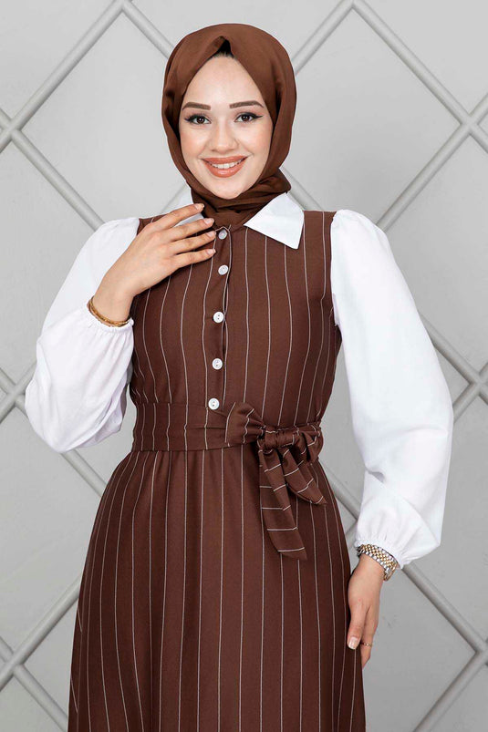 Robe Hijab Élastique À Manches Rayées Marron