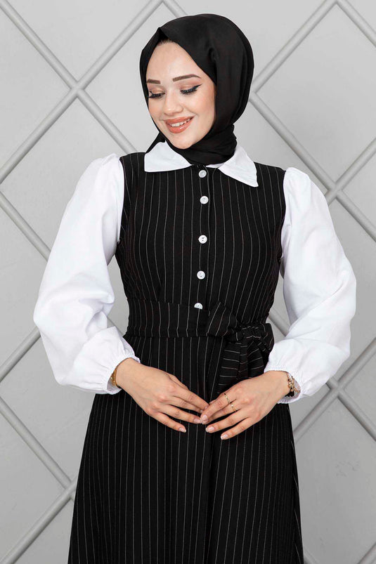 Robe Hijab Élastique À Manches Rayées Noir