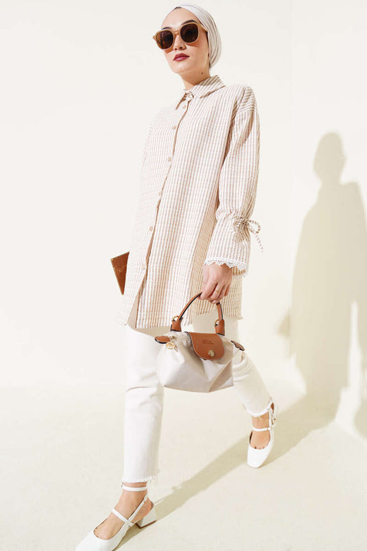 Striped Tunneled Sleeve Seersucker Shirt Beige