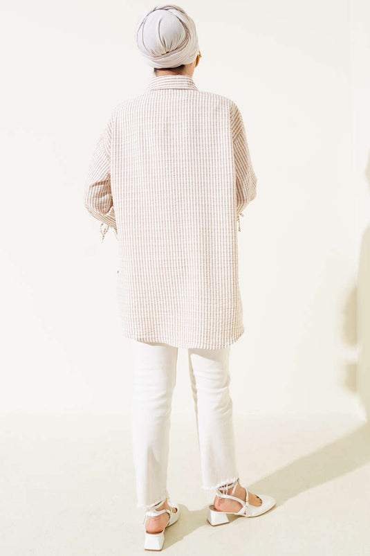 Striped Tunneled Sleeve Seersucker Shirt Beige