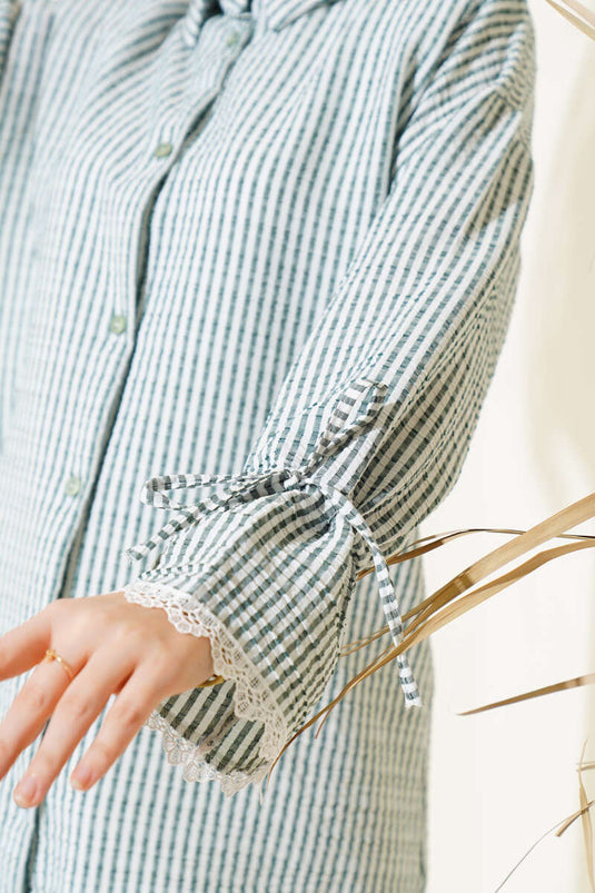 Striped Tunneled Sleeve Seersucker Shirt Almond Green