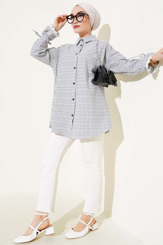 Striped Tunneled Sleeve Seersucker Shirt Black