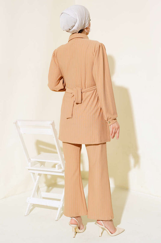 Gestreepte Crêpe Dubbele Set Latte