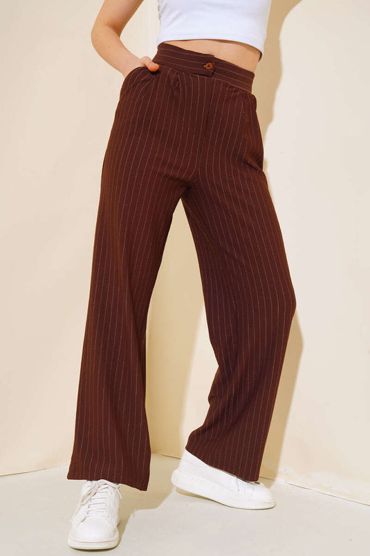 Gestreepte crêpe casual broek bruin