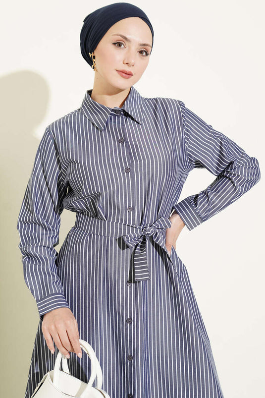 Gestreept Belted Jurk In Rookgrijs