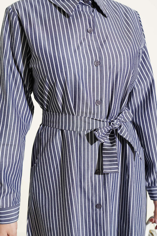 Gestreept Belted Jurk In Rookgrijs