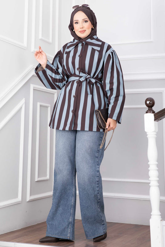 Trench-Coat Court Rayé Avec Ceinture Indigo