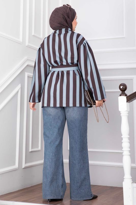 Trench-Coat Court Rayé Avec Ceinture Indigo