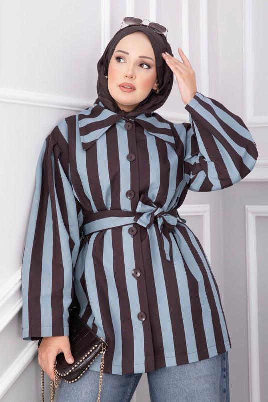 Trench-Coat Court Rayé Avec Ceinture Indigo