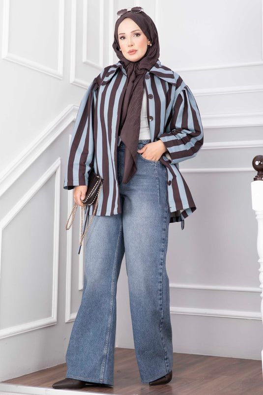 Trench-Coat Court Rayé Avec Ceinture Indigo