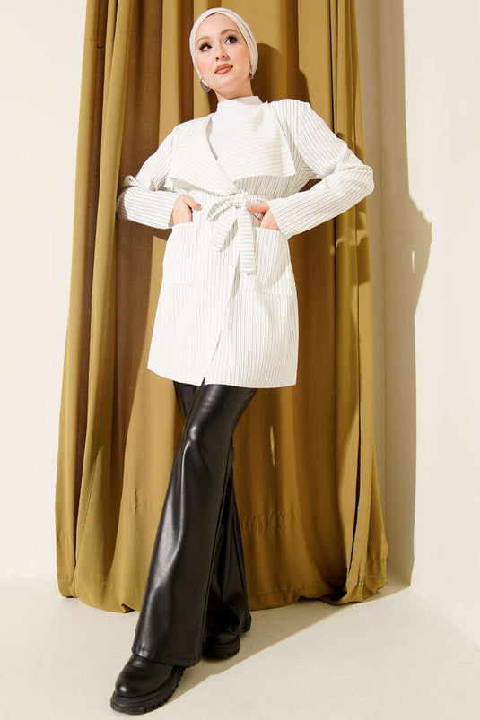 Gilet long rayé à ceinture blanc et vert