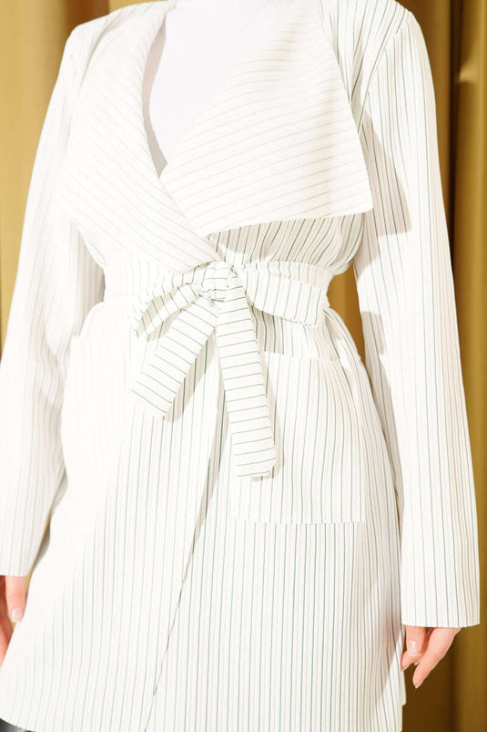 Gilet long rayé à ceinture blanc et vert