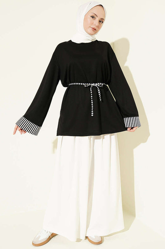Gestreiftes Ärmel Mit Binde-Detail Schwarze Tunika