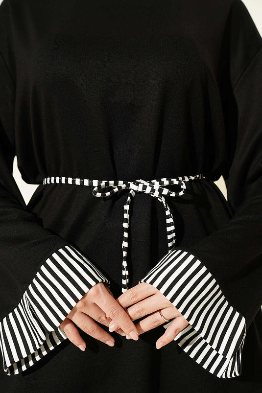Gestreiftes Ärmel Mit Binde-Detail Schwarze Tunika
