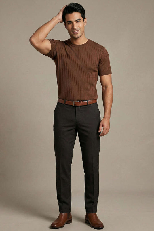 T-shirt mercerisé rayé marron