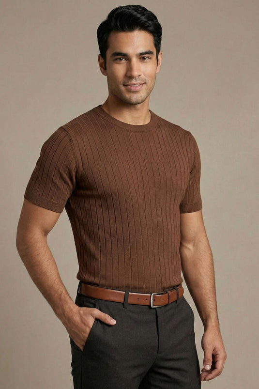 T-shirt mercerisé rayé marron