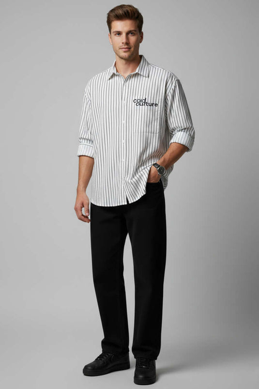 Striped Embroidered Detail Men's Shirt White