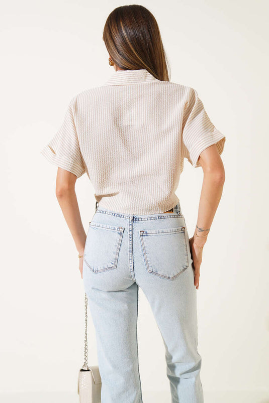 Chemise rayée à nouer sur le devant, beige