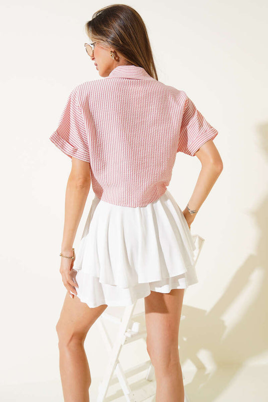 Striped Front-Tie Shirt Pink