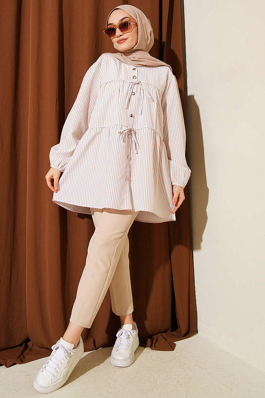 Striped Front Double Tie Shirt Beige