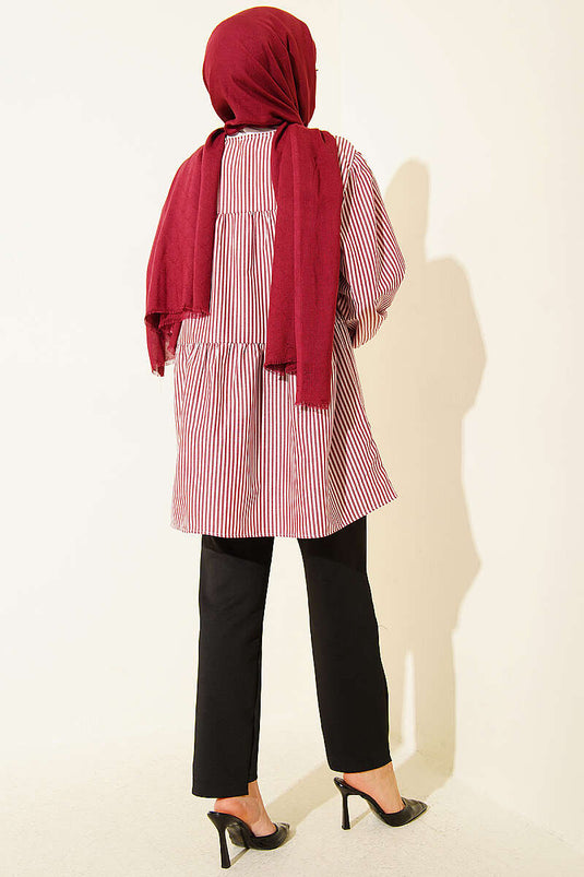Striped Front Double Tie Shirt Burgundy