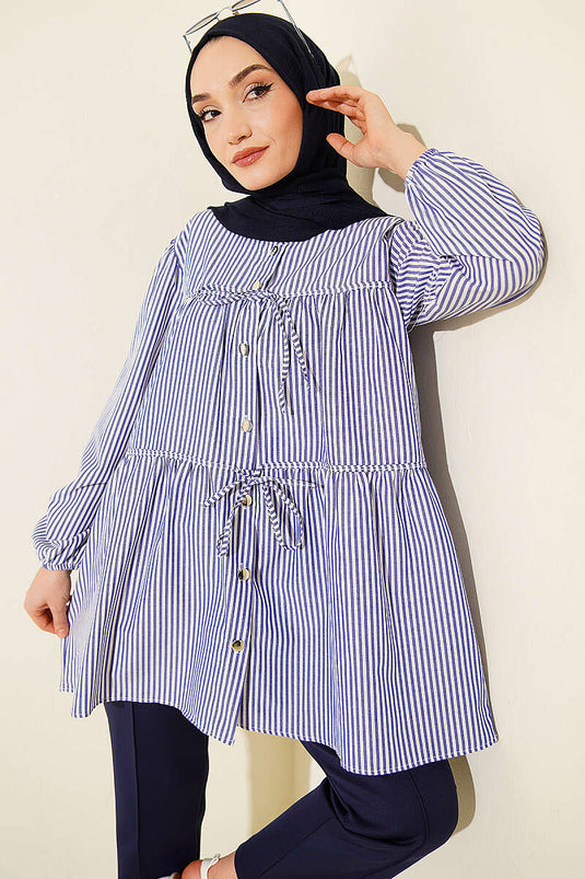 Striped Front Double Tie Shirt Blue