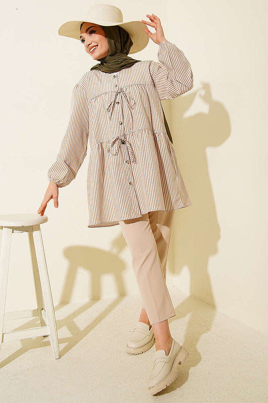 Striped Front Double-Tie Shirt in Olive Green