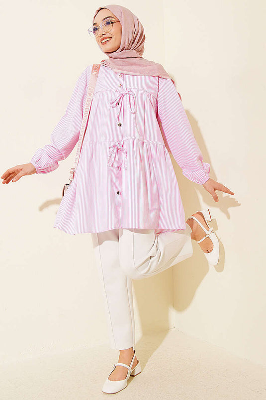 Striped Front Double Tie Shirt Pink