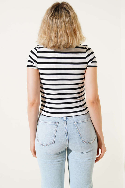 Striped Button-Front Blouse White