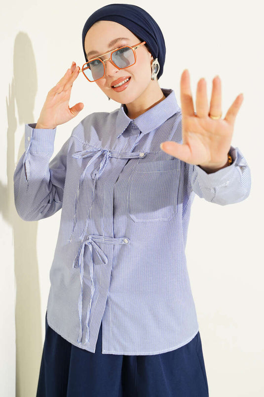 Striped Front Drawstring Short Shirt Navy Blue